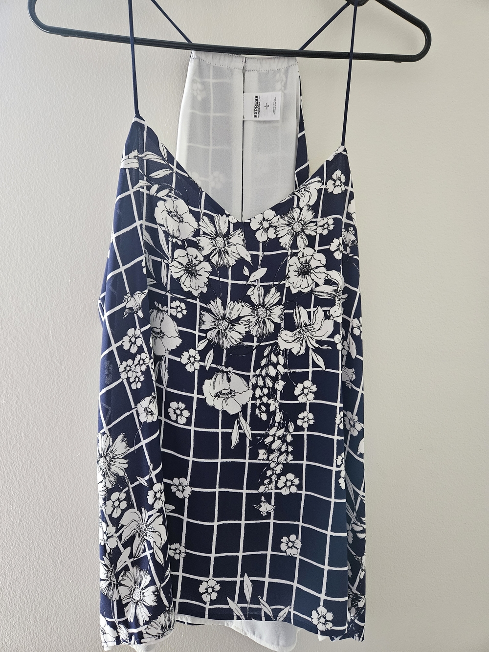 Express Navy and White Floral Grid Sleeveless Blouse Sz Lrg. NWT